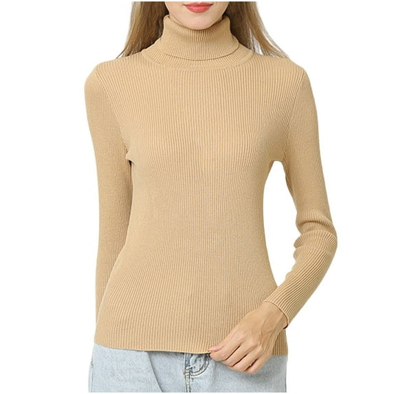 Htigea Women's Knit Sweaters Turtleneck Long Sleeve Slim Fit Base Layer Sweater Khaki L