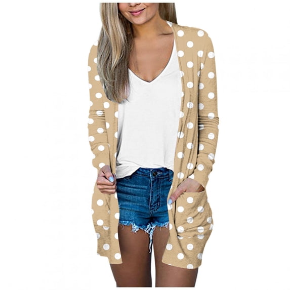 Htigea Women’s Lightweight Cardigans with Pockets Open Front Long Sleeve Shawl Collar Cardigan Fashion Polka Dot Print Thin Coat Khaki 2XL
