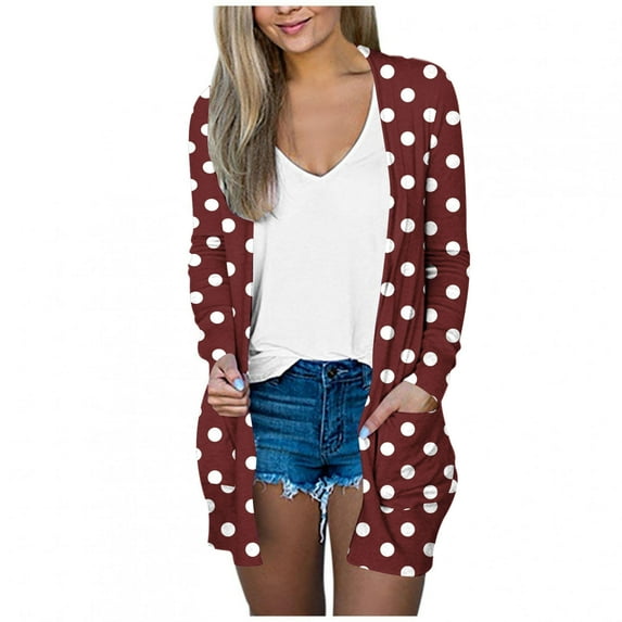 Htigea Women’s Lightweight Cardigans with Pockets Open Front Long Sleeve Shawl Collar Cardigan Fashion Polka Dot Print Thin Coat Wine XL