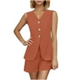 thumbnail image 1 of Htigea Women's Linen 2 Piece Outfits Sleeveless Button Down Vest High Waist Shorts Matching Casual Trendy Work Sets Brown L, 1 of 9