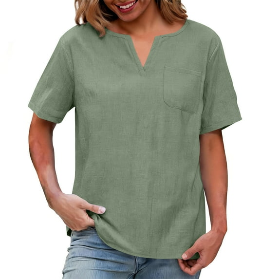 Htigea Women's Linen Shirt Tops Short Sleeve Tee Summer Casual Comfy Everyday T-Shirt with Pockets Green XXL