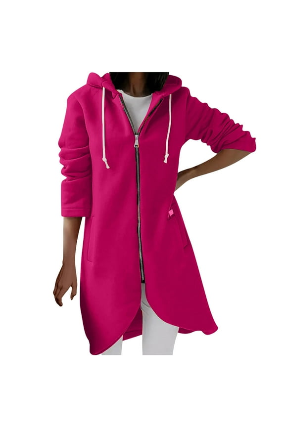 Women's Long Hoodies Zip Up Long Sleeve Sweatshirts Tunic Jackets Casual Loose Curved Hem Hooded Coats with Drawstring and Pockets Hot Pink XXL