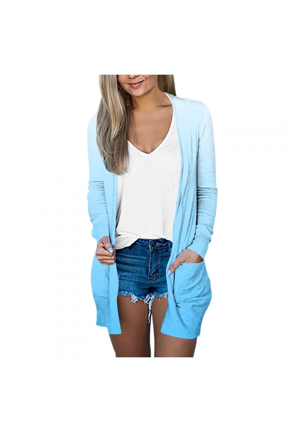 Women's Long Sleeve Cardigans Casual Open Front Long Cardigan Stylish Gradient Color Jacket Coat with Pockets Light Blue M