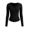 thumbnail image 1 of Htigea Women's Long Sleeve Henley T Shirts Button Ribbed Knit Slim Fit Casual Basic Tops Blouse Black L, 1 of 6