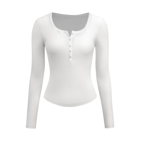 Htigea Women's Long Sleeve Henley T Shirts Button Ribbed Knit Slim Fit Casual Basic Tops Blouse White L