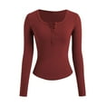 thumbnail image 1 of Htigea Women's Long Sleeve Henley T Shirts Button Ribbed Knit Slim Fit Casual Basic Tops Blouse Wine XL, 1 of 6