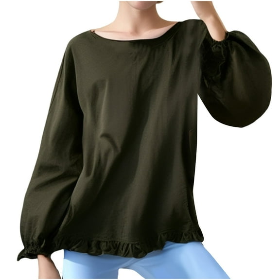 Htigea Women's Long Sleeve Shirts Cute Crewneck Ruffle Tops Casual Loose Fit Pullover Tees Lightweight Blouses Army Green 2XL