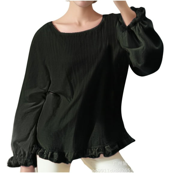 Htigea Women's Long Sleeve Shirts Cute Crewneck Ruffle Tops Casual Loose Fit Pullover Tees Lightweight Blouses Black L
