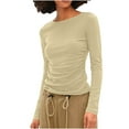 thumbnail image 1 of Htigea Women's Long Sleeve Shirts Solid Color Slim Fit Frill Tops Basic Crewneck Pullover Y2k Tees Khaki S, 1 of 7