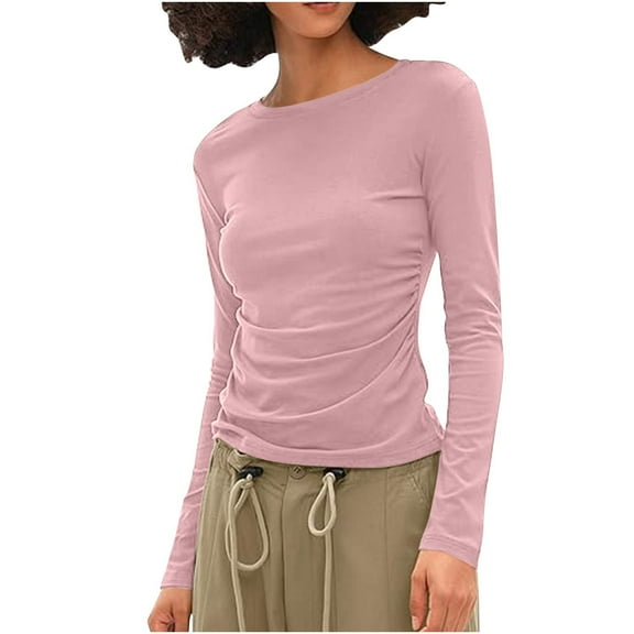 Htigea Women's Long Sleeve Shirts Solid Color Slim Fit Frill Tops Basic Crewneck Pullover Y2k Tees Pink M