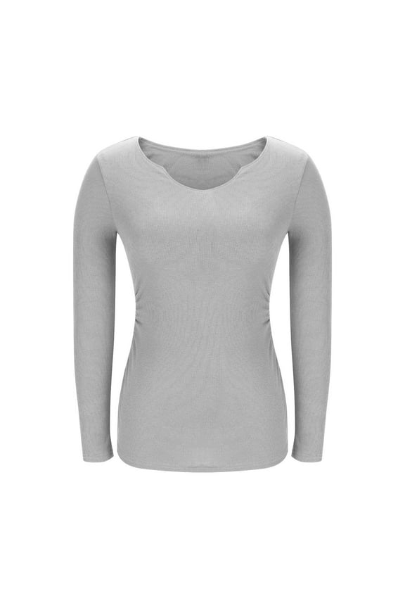 Women's Long Sleeve Shirts with Build in Bra Solid Color Slim Fit Workout Tee Knit Ribbed Pullover Tops Gray 2XL