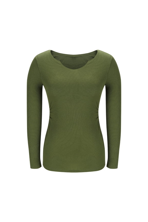 Women's Long Sleeve Shirts with Build in Bra Solid Color Slim Fit Workout Tee Knit Ribbed Pullover Tops Green 2XL