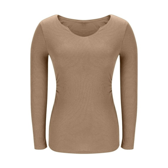 Htigea Women's Long Sleeve Shirts with Build in Bra Solid Color Slim Fit Workout Tee Knit Ribbed Pullover Tops Khaki 2XL