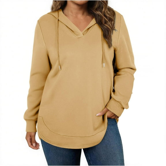 Htigea Women's Long Sleeve Sweatshirts Casual V Neck Hooded Tops Drawstring Hoodies Thin Fleece Everyday Sweatshirt Beige S