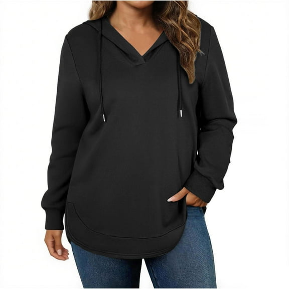 Htigea Women's Long Sleeve Sweatshirts Casual V Neck Hooded Tops Drawstring Hoodies Thin Fleece Everyday Sweatshirt Black M