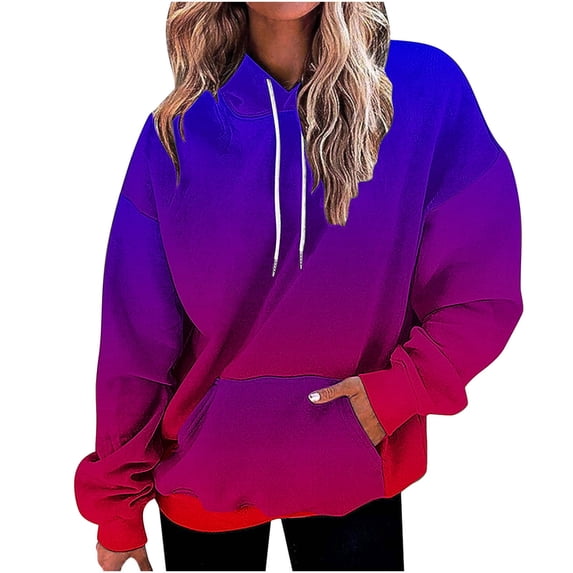 Htigea Women's Long Sleeve Sweatshirts Drawstring Pullover Hoodies Pocket Trendy Gradient Color Fall Tops Oversized Casual Loose Daily Outfits Dark Blue XL