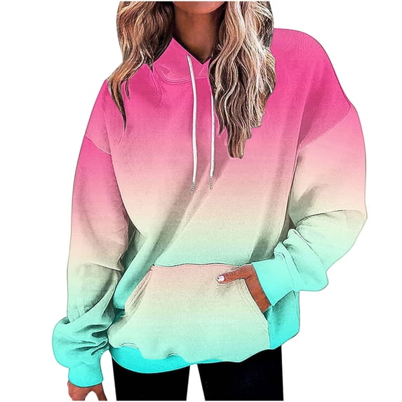 Htigea Women's Long Sleeve Sweatshirts Drawstring Pullover Hoodies Pocket Trendy Gradient Color Fall Tops Oversized Casual Loose Daily Outfits Sky Blue S