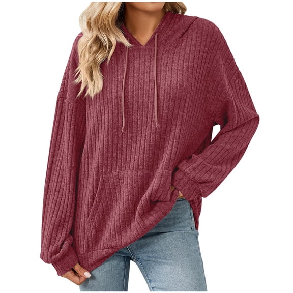 Htigea Women's Long Sleeve Sweatshirts Ribbed Knit Drawstring Hoodies Fall Hooded Pullover Tops with Pocket Oversized Tops Red S