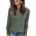 thumbnail image 1 of Htigea Women's Long Sleeve T Shirts Casual V Neck Pullover Fall Outfits | 3 Button, Loose Fit, Daily Work Going Out Tops Army Green XXL, 1 of 8