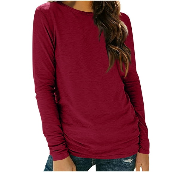 Htigea Women's Long Sleeve Tops Casual Loose Fit Fall Shirts Solid Color Crewneck Base Layer Everyday Tees Wine XL