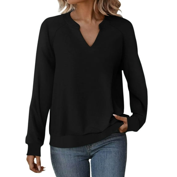 Htigea Women's Long Sleeve V-Neck Sweatshirts Casual Dressy Pullover Loose Tunic Tops Lightweight Sweat Shirts Black S