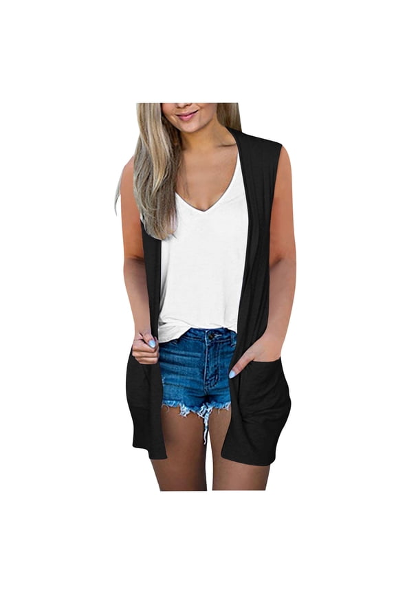 Women's Long Vest Solid Color Sleeveless Open Front Duster Cardigan Lightweight Everyday Casual Tops Black L