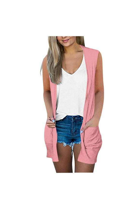Women's Long Vest Solid Color Sleeveless Open Front Duster Cardigan Lightweight Everyday Casual Tops Pink M