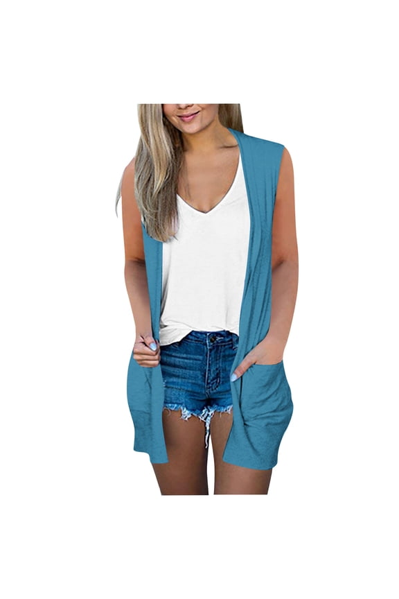 Women's Long Vest Solid Color Sleeveless Open Front Duster Cardigan Lightweight Everyday Casual Tops Sky Blue S