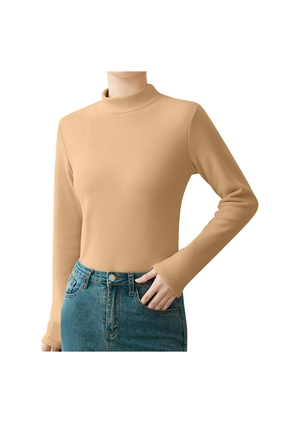 Women's Mock Neck Shirts Winter Slim Fit Long Sleeve Thin Fleece Warm Base Layer Tops Khaki M