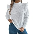 thumbnail image 1 of Htigea Women's Mock Neck Sweaters Ruffle Trim Long Sleeve Pullover Cable Knit Jumpers Fall Winter Base Layer Tops for Teen Girls White S, 1 of 8