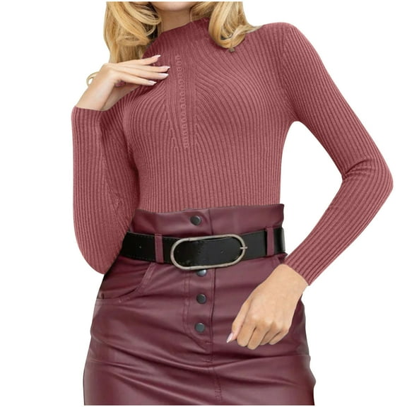 Htigea Women's Mock Turtleneck Long Sleeve Shirts Ribbed Knit Pullover Sweater Lightweight Stretch Slim Base Layer Top Hot Pink S