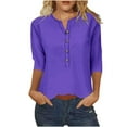 thumbnail image 1 of Htigea Women's Notch V Neck T-Shirts Solid 3/4 Sleeve Top Button Trim Pullover Tunic Casual Loose Fit Tees Purple,2XL, 1 of 4