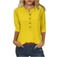 thumbnail image 1 of Htigea Women's Notch V Neck T-Shirts Solid 3/4 Sleeve Top Button Trim Pullover Tunic Casual Loose Fit Tees Yellow,3XL, 1 of 4