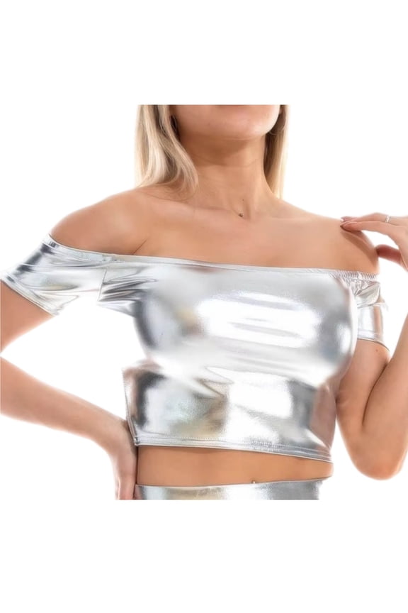 Women's Off the Shoulder Cropped Tops Sequin Sparkly T-Shirts Y2k Short Sleeve Clubwear Party Blouses Silver XL