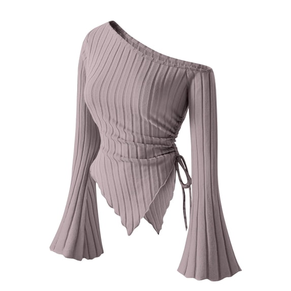 Htigea Women's Off the Shoulder Shirts Ribbed Knit Long Sleeve Asymmetrical Hem Side Ruched Tops Gray XXL