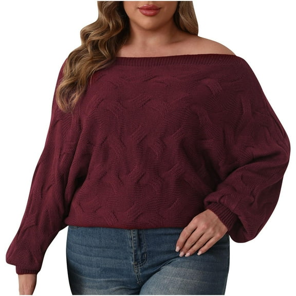 Htigea Women's Off the Shoulder Sweater Long Sleeve Textured Knit Pullover Sweaters Elegant Going Out Pullover Top Wine XL