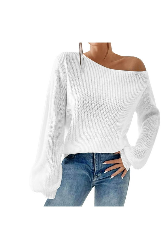 Women's Off the Shoulder Sweaters Ribbed Knit Long Sleeve Jumper Casual Loose Fit Knitwear Fall Solid Pullover Tops White M
