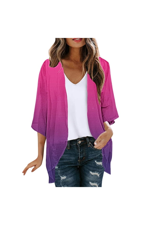 Women's Open Front Cardigan Lightweight 3/4 Sleeve Kimono Shawl Tops Chiffon Summer Beach Vacation Swimsuit Cover Ups Hot Pink XL