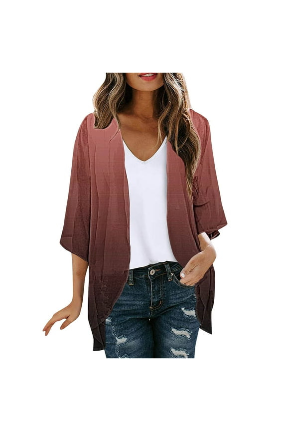 Women's Open Front Cardigan Lightweight 3/4 Sleeve Kimono Shawl Tops Chiffon Summer Beach Vacation Swimsuit Cover Ups Red 2XL