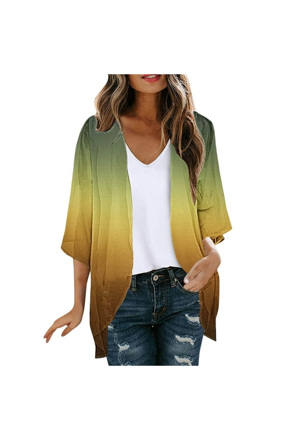 Women's Open Front Cardigan Lightweight 3/4 Sleeve Kimono Shawl Tops Chiffon Summer Beach Vacation Swimsuit Cover Ups Yellow L