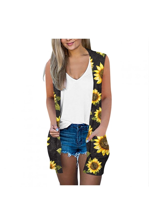 Women's Open Front Cardigan Sunflower Print Sleeveless Vest Cardigans Soft Comfy Long Blouses Tops with Pockets Yellow,S