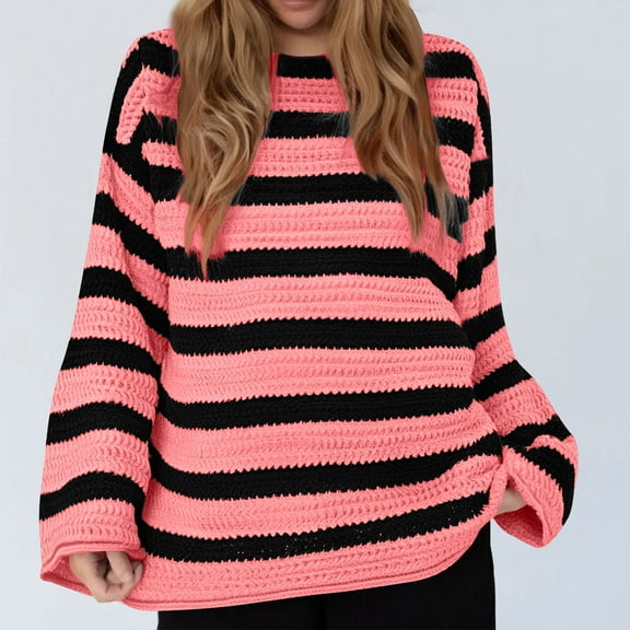 Htigea Women's Oversized Sweaters Vintage Striped Long Sleeve Knit Pullover Fall Winter Casual Loose Fit Sweater Tops Pink S