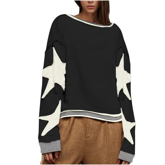 Htigea Women's Oversized Sweatshirt Star Graphic Long Sleeve Y2k Shirt Drop Shoulder Crewneck Top Casual Loose Pullovers Black S