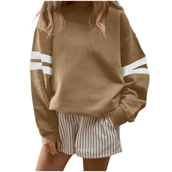 Htigea Women's Oversized Sweatshirts Casual Crewneck Long Sleeve Loose Sweatshirt Trendy Striped Color Block Pullover Tops Khaki L