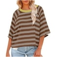thumbnail image 1 of Htigea Women's Oversized Tshirts Casual Raglan 3/4 Sleeve Crewneck Tee Loose Pullover Striped Printed Crop Shirts Brown,L, 1 of 4
