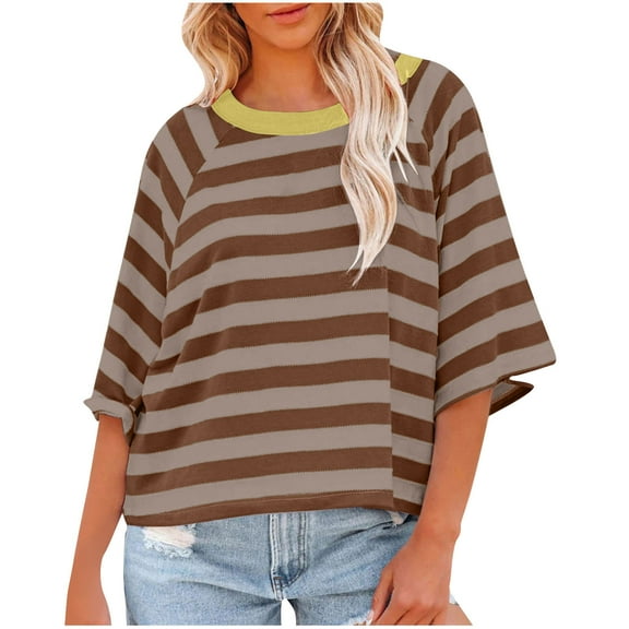 Htigea Women's Oversized Tshirts Casual Raglan 3/4 Sleeve Crewneck Tee Loose Pullover Striped Printed Crop Shirts Brown,L