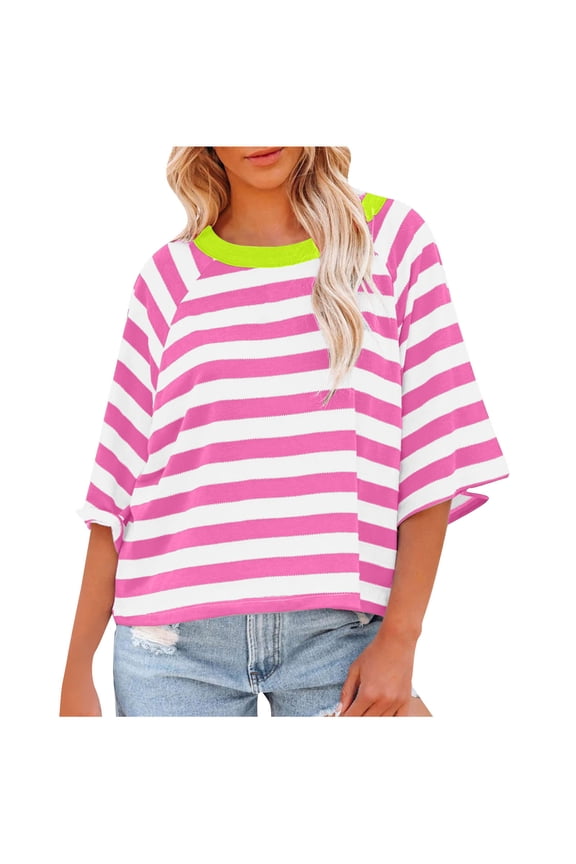 Women's Oversized Tshirts Casual Raglan 3/4 Sleeve Crewneck Tee Loose Pullover Striped Printed Crop Shirts Hot Pink,S