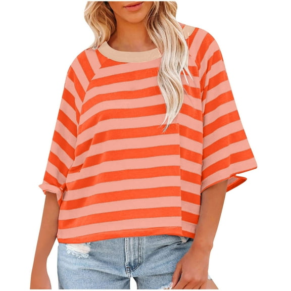 Htigea Women's Oversized Tshirts Casual Raglan 3/4 Sleeve Crewneck Tee Loose Pullover Striped Printed Crop Shirts Orange,S