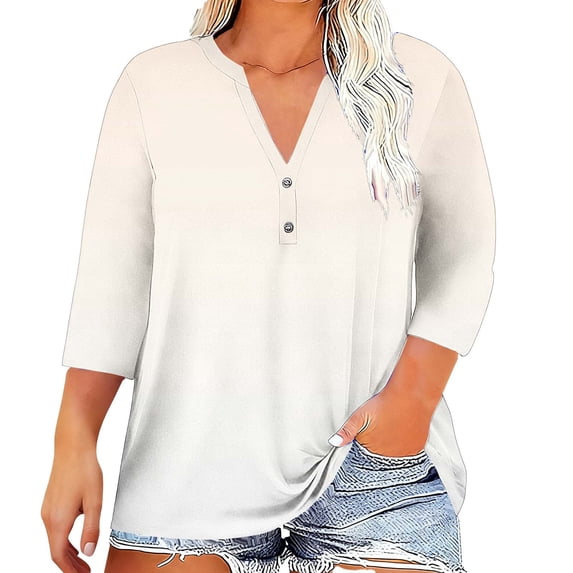 Htigea Women's Plus Size 3/4 Sleeve T Shirts Notch V-Neck Tunic Tops Casual Loose Fit Pullover Soft Comfy Daily Tees Khaki L