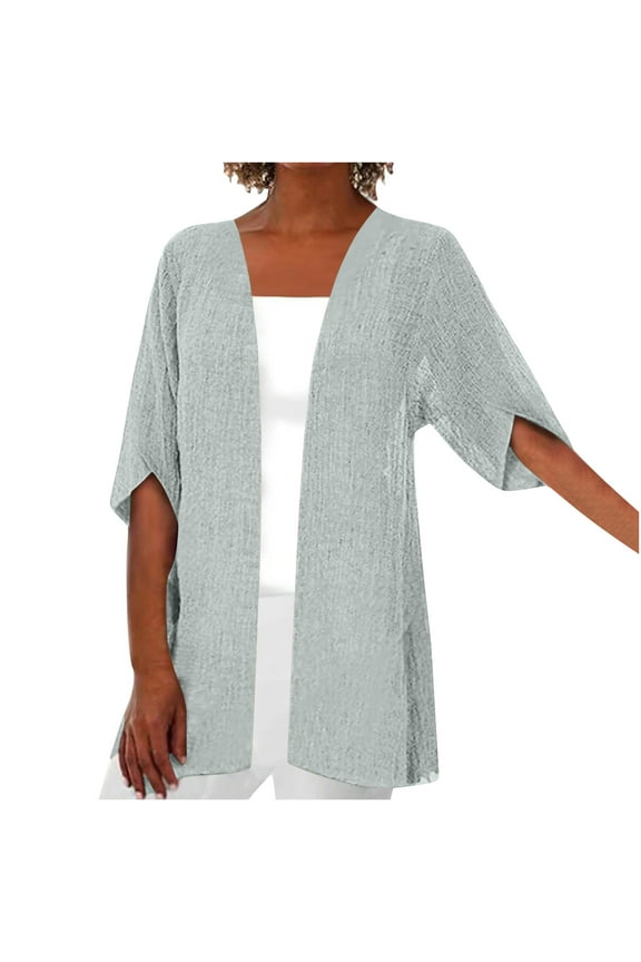 Women's Plus Size Cardigan Cotton Linen 3/4 Sleeve Open Front Shawl Tops Casual Loose Fit Cardigans for Beach Vacation Gray 4XL